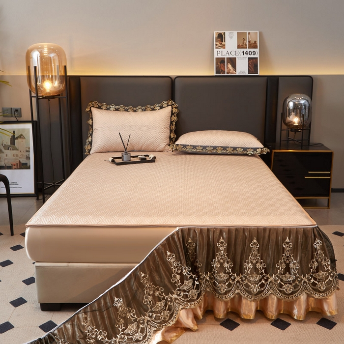 91家纺网 家纺一手货源 找家纺 罗艺轩 2025新款可拆卸床笠式床裙印花冰丝席 罗曼-香槟金