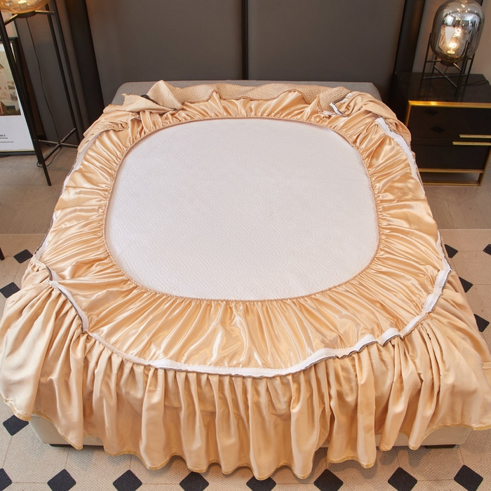 91家纺网 家纺一手货源 找家纺 罗艺轩 2025新款可拆卸床笠式床裙印花冰丝席 罗曼-香槟金