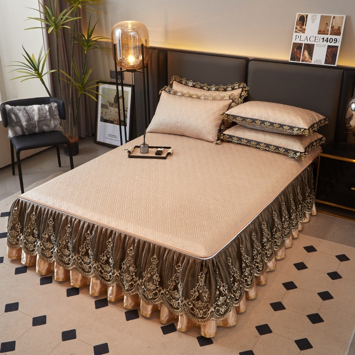 91家纺网 家纺一手货源 找家纺 罗艺轩 2025新款可拆卸床笠式床裙印花冰丝席 罗曼-香槟金