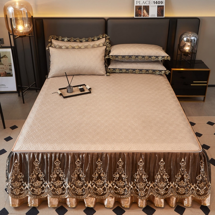91家纺网 家纺一手货源 找家纺 罗艺轩 2025新款可拆卸床笠式床裙印花冰丝席 罗曼-香槟金