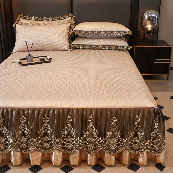 91家纺网 家纺一手货源 找家纺 罗艺轩 2025新款可拆卸床笠式床裙印花冰丝席 罗曼-香槟金