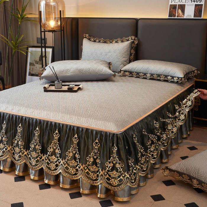 91家纺网 家纺一手货源 找家纺 罗艺轩 2025新款可拆卸床笠式床裙印花冰丝席 罗曼-雅士灰