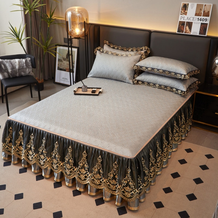 91家纺网 家纺一手货源 找家纺 罗艺轩 2025新款可拆卸床笠式床裙印花冰丝席 罗曼-雅士灰