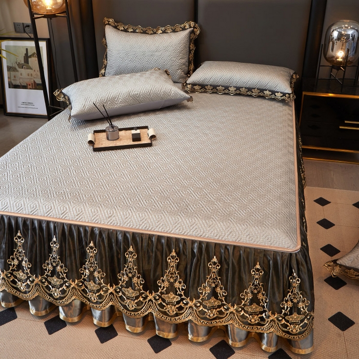 91家纺网 家纺一手货源 找家纺 罗艺轩 2025新款可拆卸床笠式床裙印花冰丝席 罗曼-雅士灰