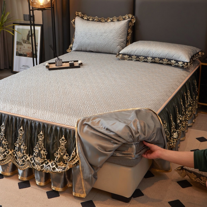 91家纺网 家纺一手货源 找家纺 罗艺轩 2025新款可拆卸床笠式床裙印花冰丝席 罗曼-雅士灰