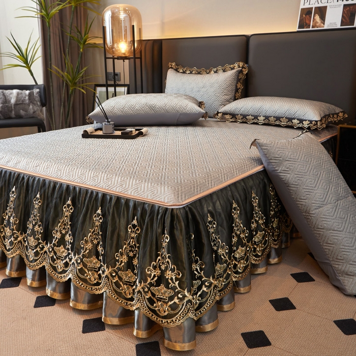 91家纺网 家纺一手货源 找家纺 罗艺轩 2025新款可拆卸床笠式床裙印花冰丝席 罗曼-雅士灰