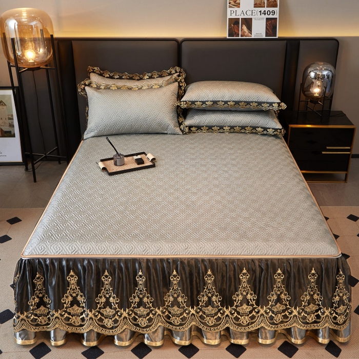 91家纺网 家纺一手货源 找家纺 罗艺轩 2025新款可拆卸床笠式床裙印花冰丝席 罗曼-雅士灰