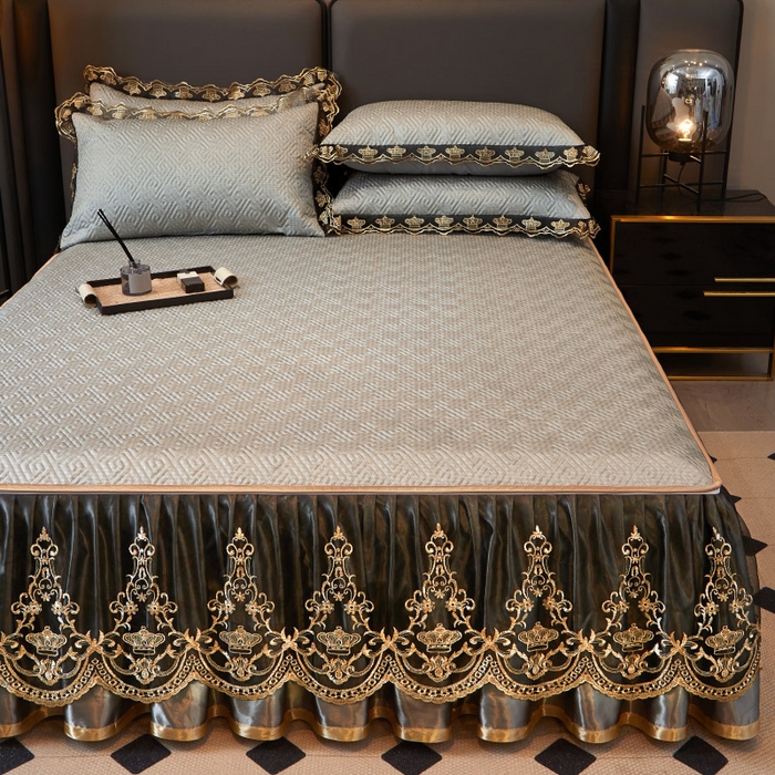 91家纺网 家纺一手货源 找家纺 罗艺轩 2025新款可拆卸床笠式床裙印花冰丝席 罗曼-雅士灰