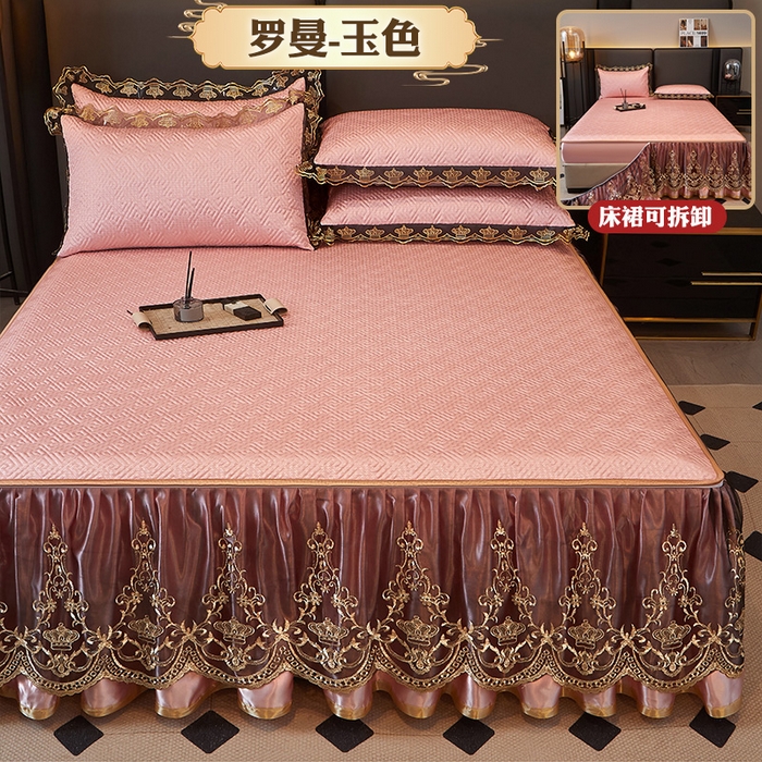 罗艺轩 2025新款可拆卸床笠式床裙印花冰丝席 罗曼-玉色