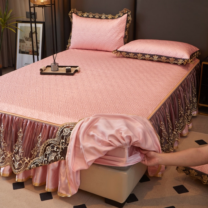 91家纺网 家纺一手货源 找家纺 罗艺轩 2025新款可拆卸床笠式床裙印花冰丝席 罗曼-玉色