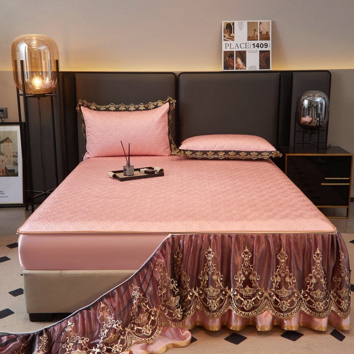 91家纺网 家纺一手货源 找家纺 罗艺轩 2025新款可拆卸床笠式床裙印花冰丝席 罗曼-玉色