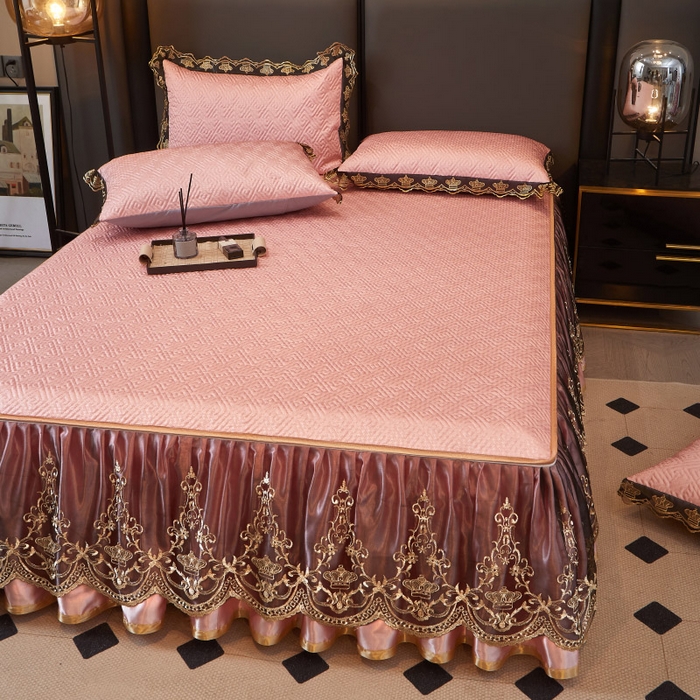 91家纺网 家纺一手货源 找家纺 罗艺轩 2025新款可拆卸床笠式床裙印花冰丝席 罗曼-玉色