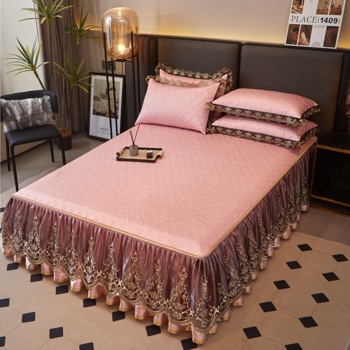 91家纺网 家纺一手货源 找家纺 罗艺轩 2025新款可拆卸床笠式床裙印花冰丝席 罗曼-玉色