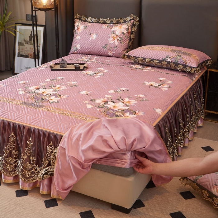 91家纺网 家纺一手货源 找家纺 罗艺轩 2025新款可拆卸床笠式床裙印花冰丝席 秘密花园