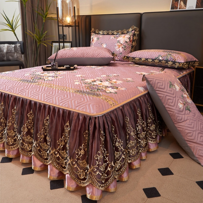 91家纺网 家纺一手货源 找家纺 罗艺轩 2025新款可拆卸床笠式床裙印花冰丝席 秘密花园