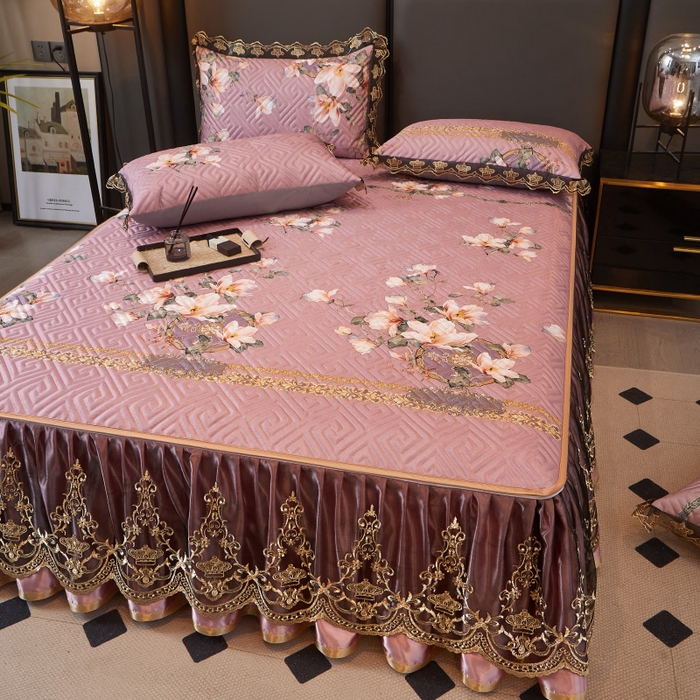 91家纺网 家纺一手货源 找家纺 罗艺轩 2025新款可拆卸床笠式床裙印花冰丝席 秘密花园