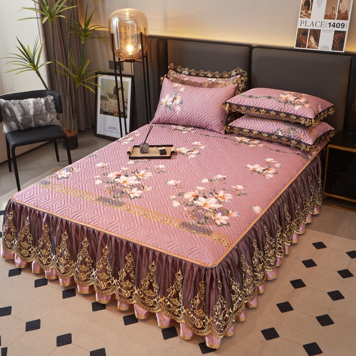 91家纺网 家纺一手货源 找家纺 罗艺轩 2025新款可拆卸床笠式床裙印花冰丝席 秘密花园