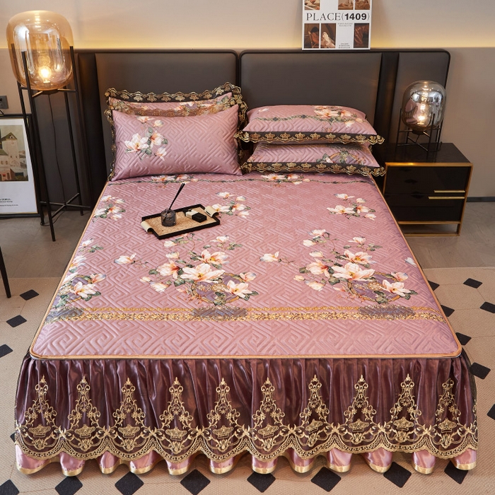 91家纺网 家纺一手货源 找家纺 罗艺轩 2025新款可拆卸床笠式床裙印花冰丝席 秘密花园