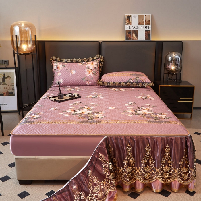 91家纺网 家纺一手货源 找家纺 罗艺轩 2025新款可拆卸床笠式床裙印花冰丝席 秘密花园