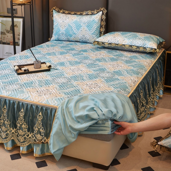 91家纺网 家纺一手货源 找家纺 罗艺轩 2025新款可拆卸床笠式床裙印花冰丝席 塞纳青春