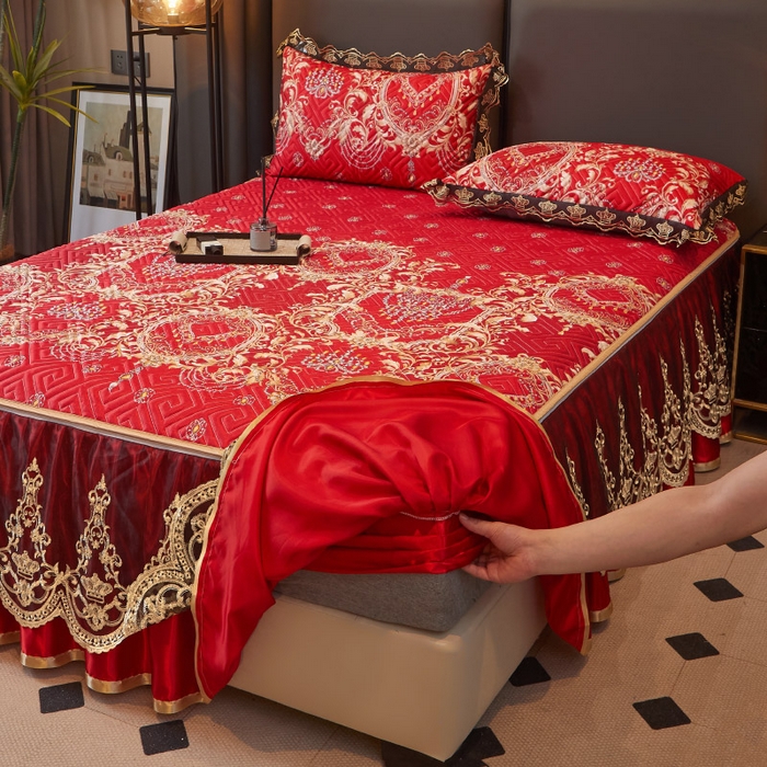 91家纺网 家纺一手货源 找家纺 罗艺轩 2025新款可拆卸床笠式床裙印花冰丝席 幸福恋曲