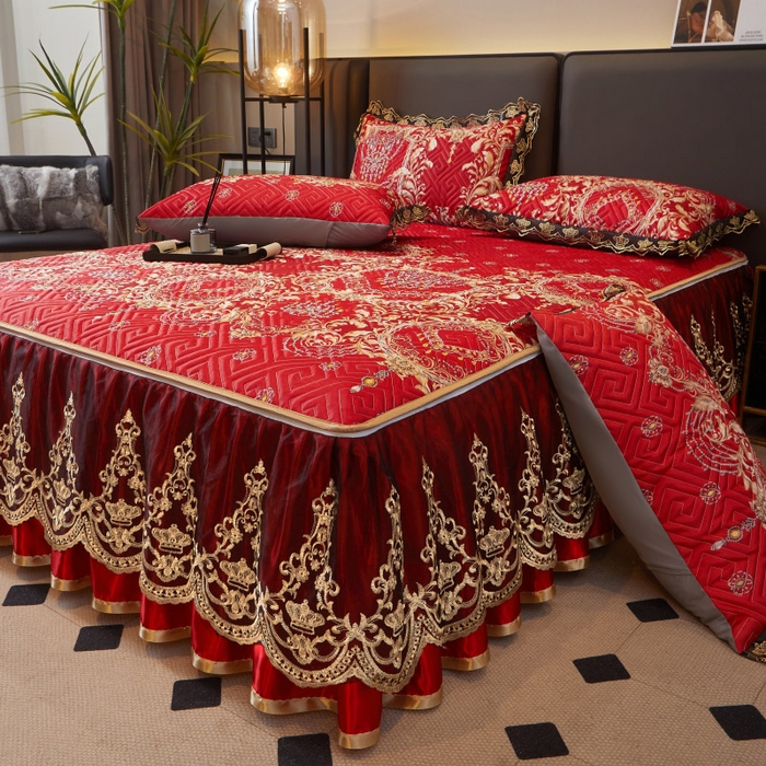 91家纺网 家纺一手货源 找家纺 罗艺轩 2025新款可拆卸床笠式床裙印花冰丝席 幸福恋曲