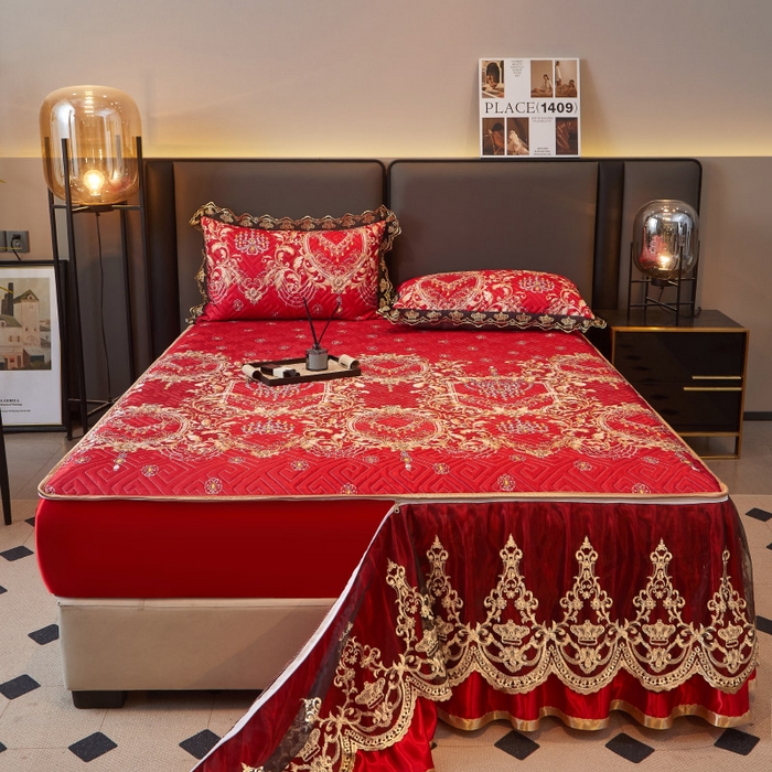 91家纺网 家纺一手货源 找家纺 罗艺轩 2025新款可拆卸床笠式床裙印花冰丝席 幸福恋曲