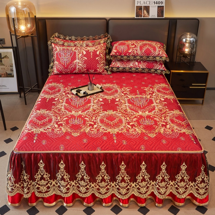 91家纺网 家纺一手货源 找家纺 罗艺轩 2025新款可拆卸床笠式床裙印花冰丝席 幸福恋曲