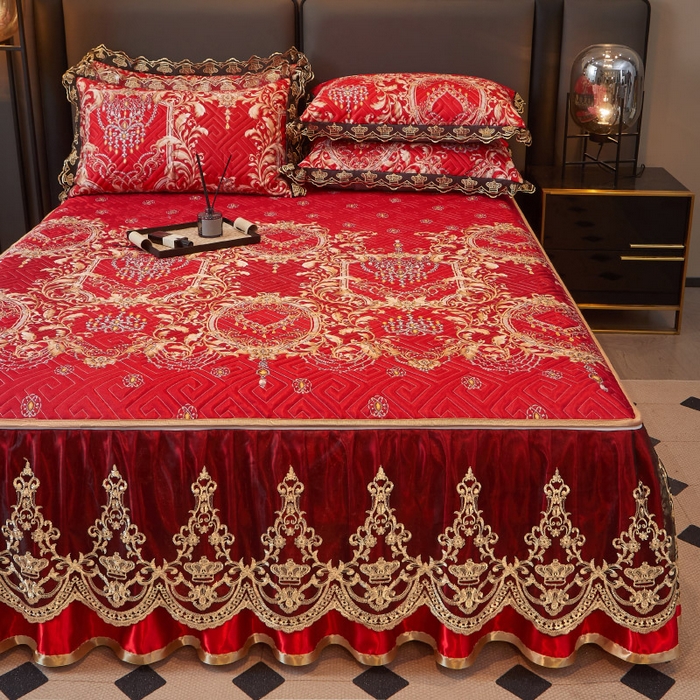 91家纺网 家纺一手货源 找家纺 罗艺轩 2025新款可拆卸床笠式床裙印花冰丝席 幸福恋曲