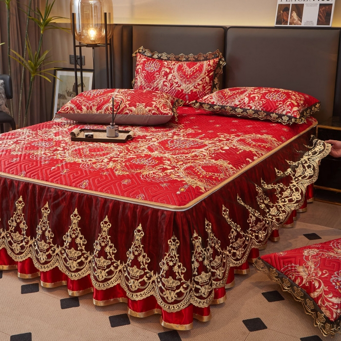 91家纺网 家纺一手货源 找家纺 罗艺轩 2025新款可拆卸床笠式床裙印花冰丝席 幸福恋曲