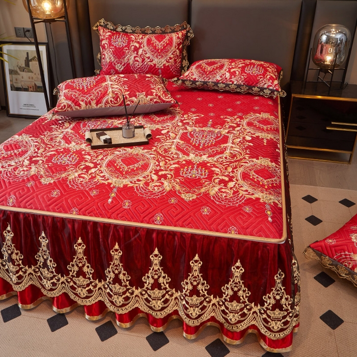 91家纺网 家纺一手货源 找家纺 罗艺轩 2025新款可拆卸床笠式床裙印花冰丝席 幸福恋曲