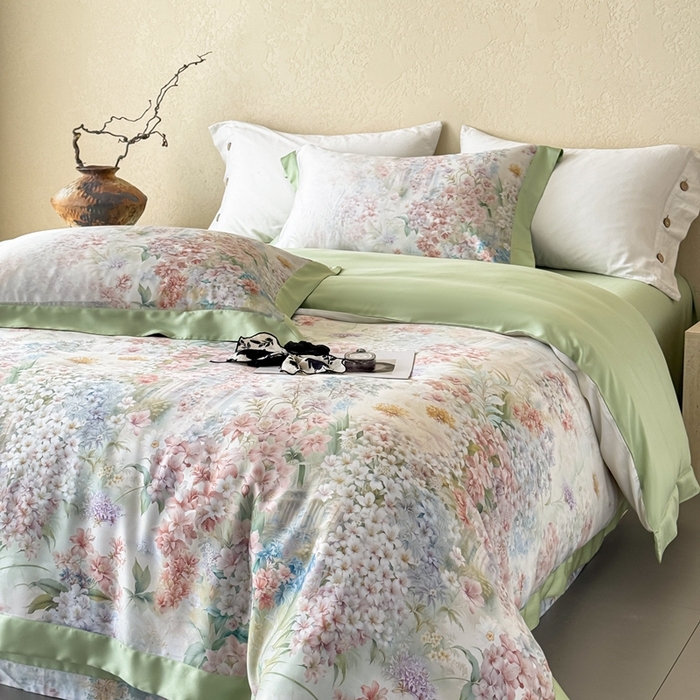 91家纺网 家纺一手货源 找家纺 若未2025新款玲珑 50S兰精天丝平网活性数码印花四件套 玲珑 控价 券后不低于 368  玲珑 绿