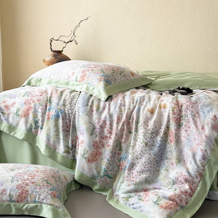 91家纺网 家纺一手货源 找家纺 若未2025新款玲珑 50S兰精天丝平网活性数码印花四件套 玲珑 控价 券后不低于 368  玲珑 绿