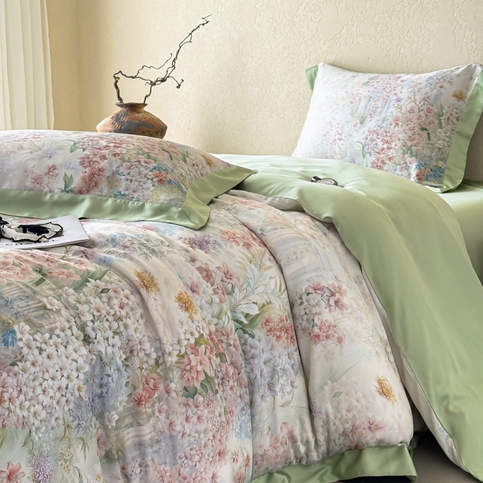 91家纺网 家纺一手货源 找家纺 若未2025新款玲珑 50S兰精天丝平网活性数码印花四件套 玲珑 控价 券后不低于 368  玲珑 绿