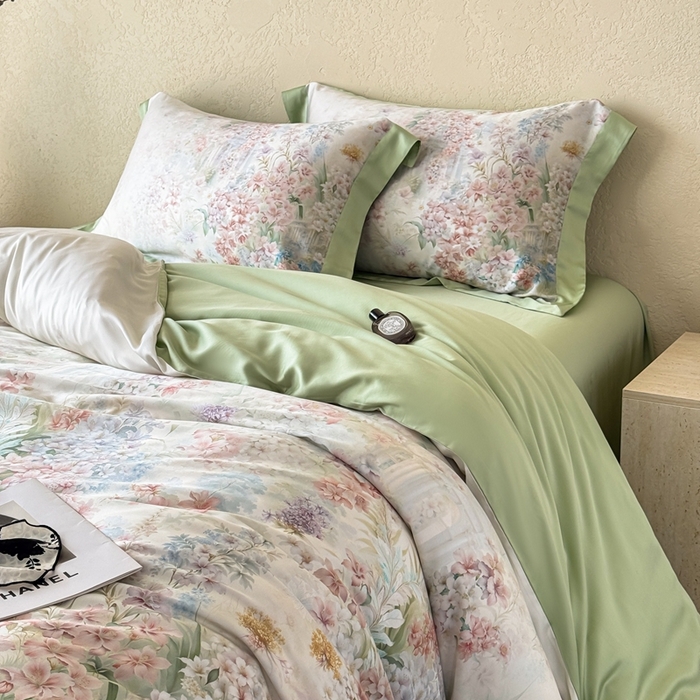 91家纺网 家纺一手货源 找家纺 若未2025新款玲珑 50S兰精天丝平网活性数码印花四件套 玲珑 控价 券后不低于 368  玲珑 绿