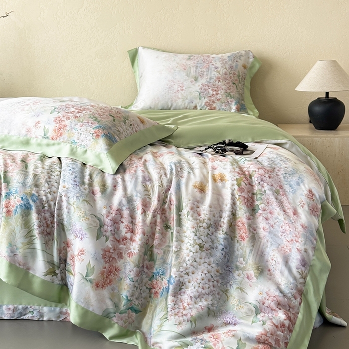 91家纺网 家纺一手货源 找家纺 若未2025新款玲珑 50S兰精天丝平网活性数码印花四件套 玲珑 控价 券后不低于 368  玲珑 绿