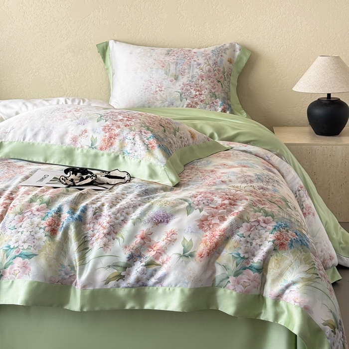 91家纺网 家纺一手货源 找家纺 若未2025新款玲珑 50S兰精天丝平网活性数码印花四件套 玲珑 控价 券后不低于 368  玲珑 绿