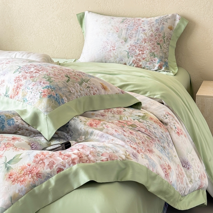 91家纺网 家纺一手货源 找家纺 若未2025新款玲珑 50S兰精天丝平网活性数码印花四件套 玲珑 控价 券后不低于 368  玲珑 绿