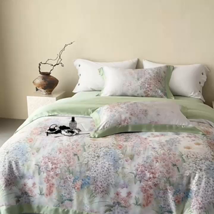 91家纺网 家纺一手货源 找家纺 若未2025新款玲珑 50S兰精天丝平网活性数码印花四件套 玲珑 控价 券后不低于 368  玲珑 绿