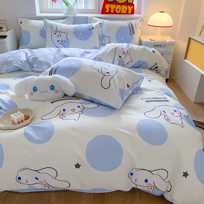 91家纺网 家纺一手货源 找家纺 玉元坊 2025年5月新品三丽鸥全棉床单纯棉床裙床笠三四件套简约基础款式-大耳狗简约款式 波点玉桂狗【简约款】