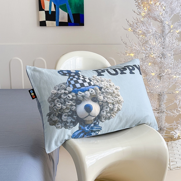 91家纺网 家纺一手货源 找家纺 RYB红黄兰 2025新款ins卡通5D立体数码全棉纯棉有氧双层纱四件套系列 雾蓝小狗