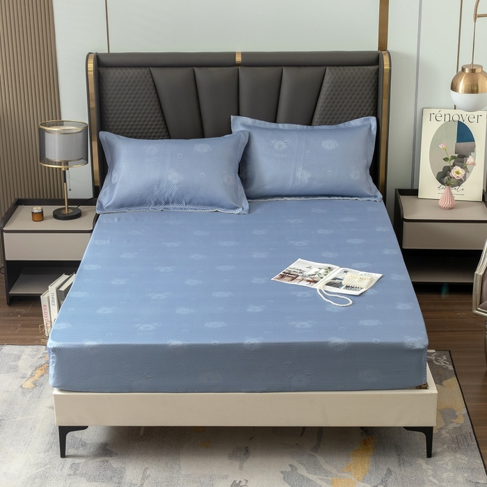 91家纺网 家纺一手货源 找家纺 乐居家纺 2025新款A类凉感纤维凉豆豆可水洗冰丝凉席席子床笠款 蓝色-相聚