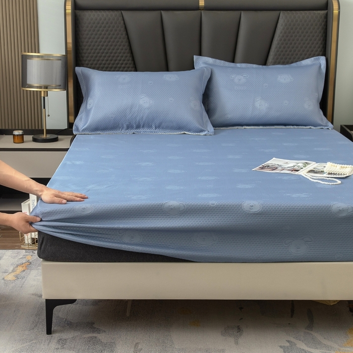 91家纺网 家纺一手货源 找家纺 乐居家纺 2025新款A类凉感纤维凉豆豆可水洗冰丝凉席席子床笠款 蓝色-相聚