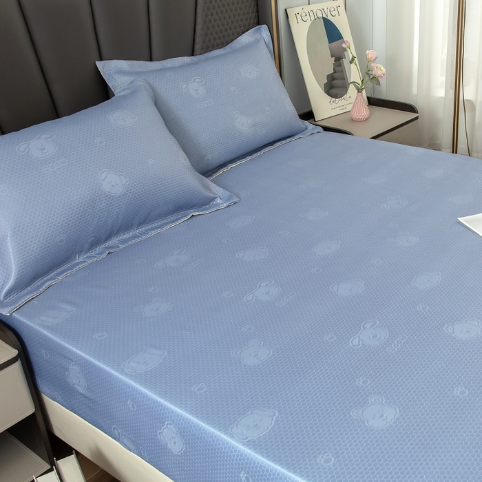 91家纺网 家纺一手货源 找家纺 乐居家纺 2025新款A类凉感纤维凉豆豆可水洗冰丝凉席席子床笠款 蓝色-相聚