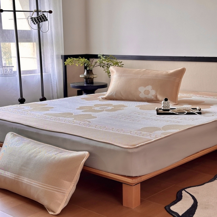 91家纺网 家纺一手货源 找家纺 乐居家纺 2025新款A类碳光抗菌凉感可水洗冰丝凉席席子床笠款 冰花-咖