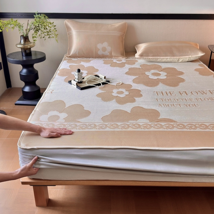 91家纺网 家纺一手货源 找家纺 乐居家纺 2025新款A类碳光抗菌凉感可水洗冰丝凉席席子床笠款 冰花-咖