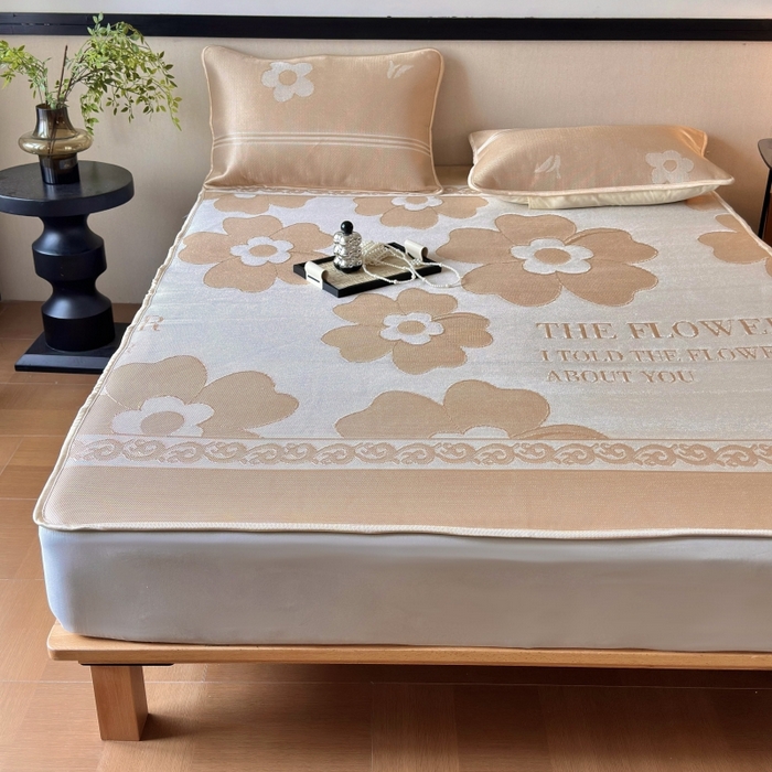 91家纺网 家纺一手货源 找家纺 乐居家纺 2025新款A类碳光抗菌凉感可水洗冰丝凉席席子床笠款 冰花-咖