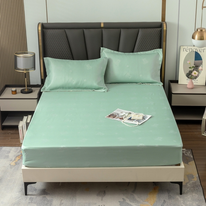 91家纺网 家纺一手货源 找家纺 乐居家纺 2025新款A类凉感纤维凉豆豆可水洗冰丝凉席席子床笠款 绿色小熊