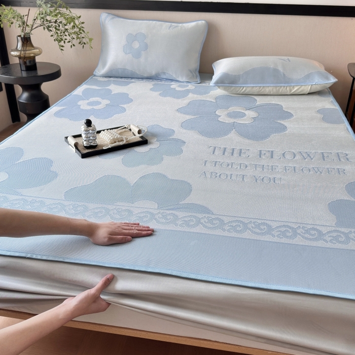 91家纺网 家纺一手货源 找家纺 乐居家纺 2025新款A类碳光抗菌凉感可水洗冰丝凉席席子床笠款 冰花-蓝