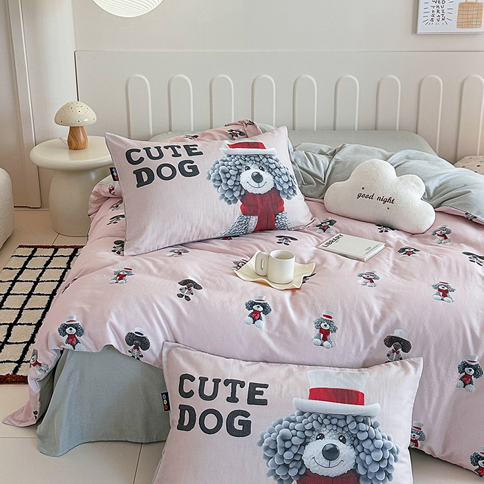 91家纺网 家纺一手货源 找家纺 RYB红黄兰 2025新款ins卡通5D立体数码全棉纯棉有氧双层纱四件套系列 粉色小奶狗